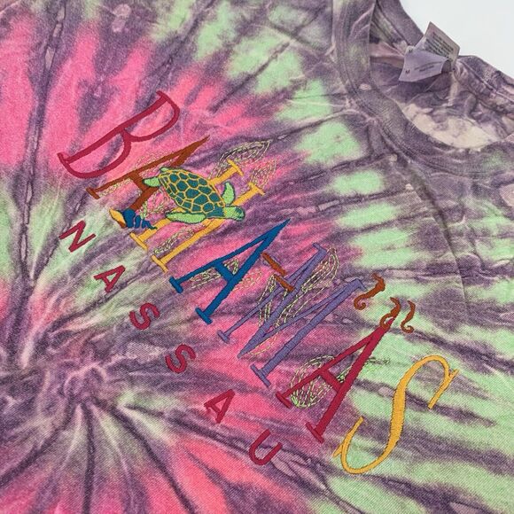 Bahamas Embroidered Tie Dye Short Sleeve T-Shirt Size Medium Adult Pink Green M - Picture 4 of 7